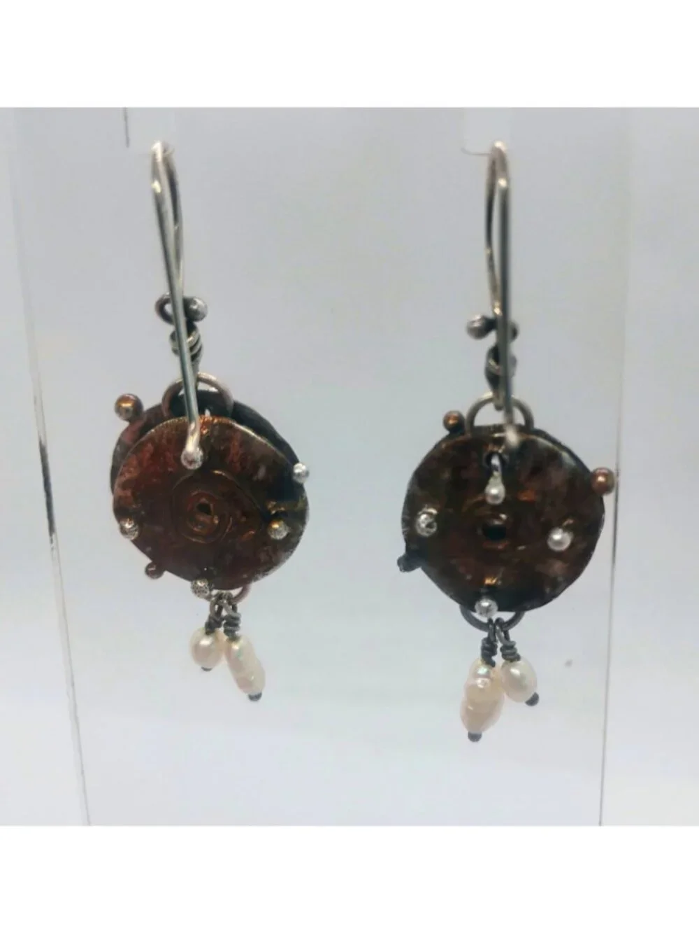 Artisan Handmade Mixed Metal Hammered Disc Earrings w/Dangling Freshwater Pearls